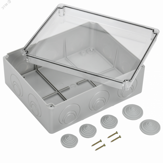 Коробка КМ41276 распаячная для открытой проводки 240х195х90мм IP55 (RAL7035 прозрачный красный кабельные вводы 5 шт)