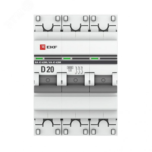 Автоматический выключатель 3P 20А (D) 6кА ВА 47-63M c одним магнитным расцепителем