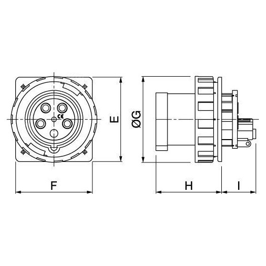 Вилка панельная прямая IP67 63А 2P+E 250В