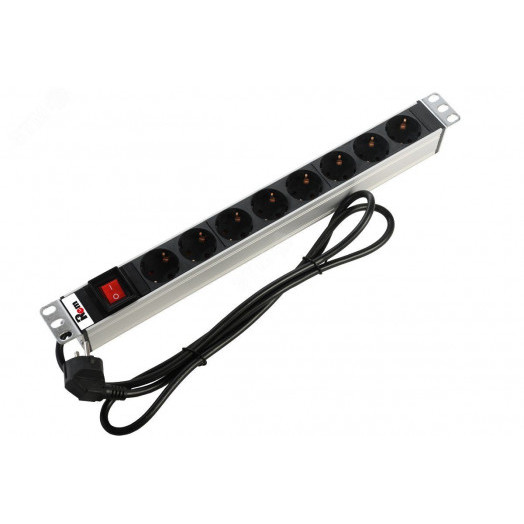 Блок розеток Rem-16 с выключателем и USB-портом, 6Schuko, 16A, алюм., 19', шнур 1,8 м.