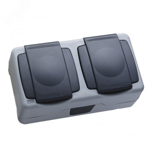 Розетка двойная герметичная с крышкой IP55 серая (пружинный зажим)