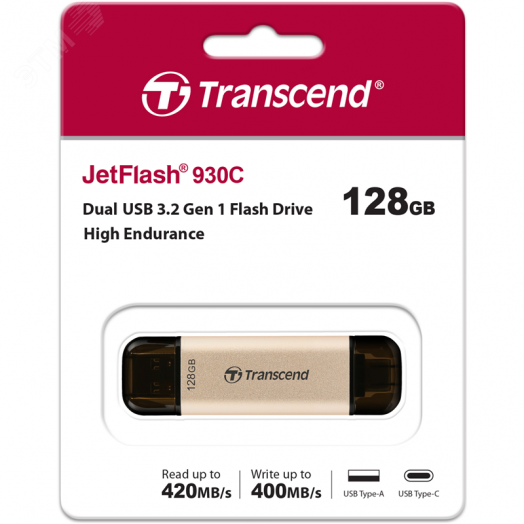 Флеш накопитель 128GB JetFlash930С, USB 3.2 Gen 1, Type A / Type C, золотистый