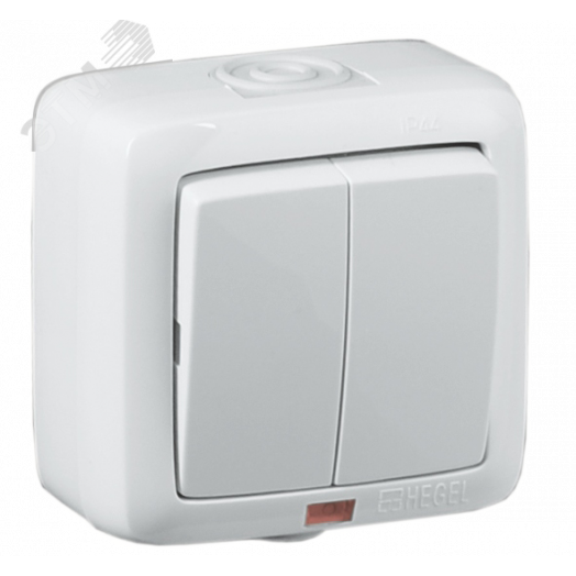 Выключатель двухклавишный наружный с индикацией белый IP44 16А