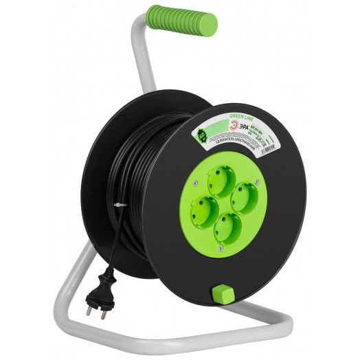 Удлинитель силовой на катушке пластик 4 розетки без заземления 40м ПВС 2x1мм2 GREEN LINE KAT-2x1-40m Greenline ЭРА