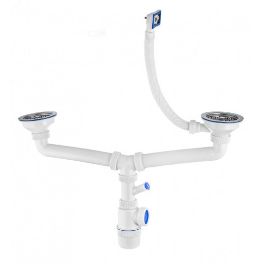 Сифон ЭЛИТ для двойной мойки с нержавеющими чашками D114 мм с отводом для стиральной или посудомоечной машины и с переливом 3'1/2 - D40