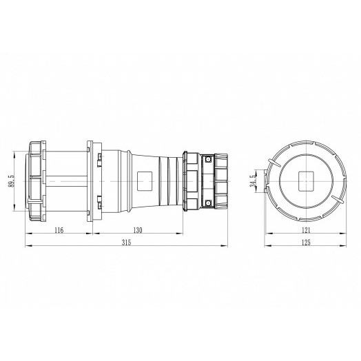 Розетка кабельная IP67 125A 2P+E 230V