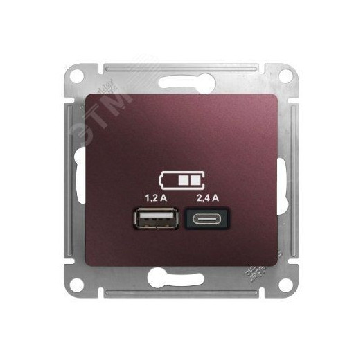 GLOSSA USB РОЗЕТКА A+С, 5В/2,4А, 2х5В/1,2 А, механизм, БАКЛАЖАНОВЫЙ
