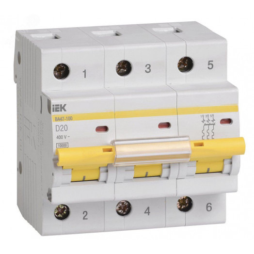 Выключатель автоматический ВА47-100 трехполюсный 20А 10кА характеристика D