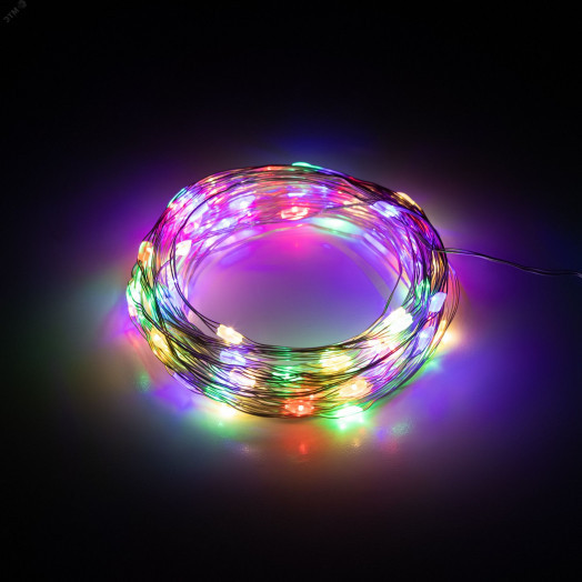 Гирлянда светодиодная новогодняя нить мультиколор 10 м 100 microled IP20 3AA Intro Holiday INNR-02M (элементы питания закупаются отдельно 3ААА)