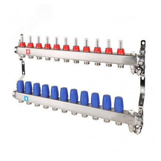 Коллекторная группа с расходомерами 1'x11 выходов 3/4' НР евроконус с дренажным краном и воздухоотводчиком