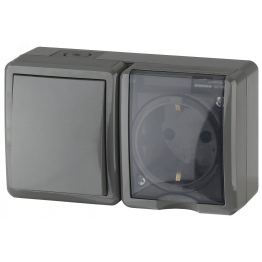 Блок розетка+выключатель IP54, 16A(10AX)-250В, ОУ, Эра Эксперт, серый, 11-7401-03