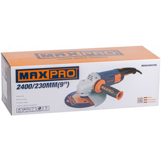 Шлифмашина угловая 2400 Вт, 6000об/мин, быстрозажимной кожух 230мм, антивибрационная ручка, дополнительные щетки, плавный пуск, поворотная рук