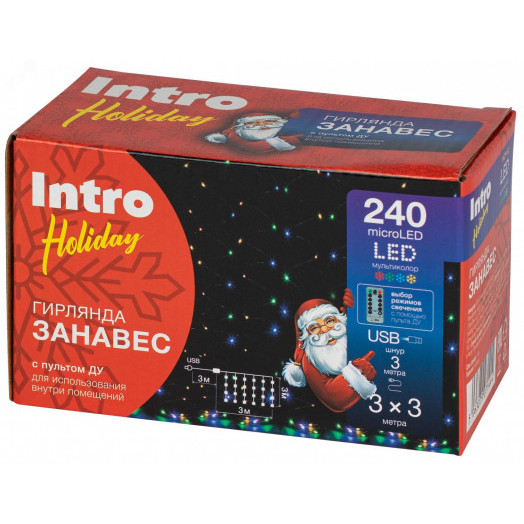 Гирлянда светодиодная новогодняя занавес 3*3 м мультиколор 240 microled USB Intro Holiday INZR-02