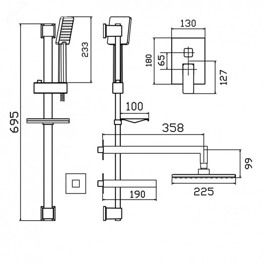 Система встраиваемая для душа латунь (декоративная планка, маховик, излив, тропическая и ручная лейка, стойка и система смешивания)