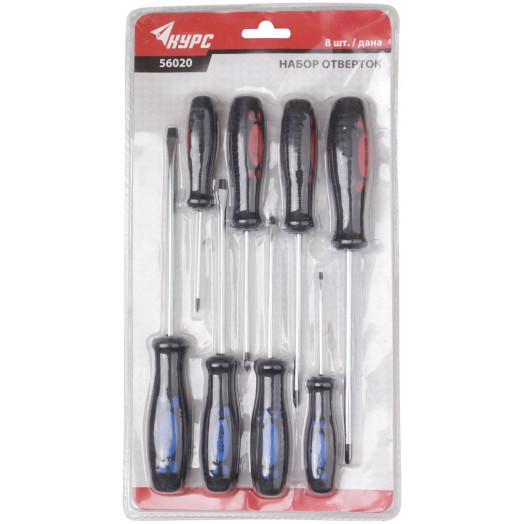 Отвертки ''Стандарт'', CrV сталь, магнитный наконечник, двухцветная прорезиненная ручка, набор 8 шт