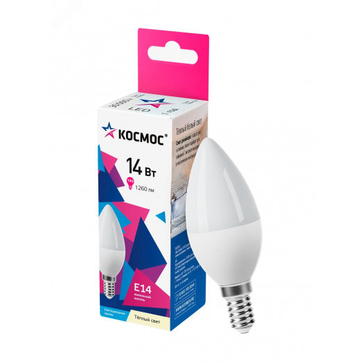 Лампа светодиодная LED 14Вт Свеча 220В Е14 D37х110 3000К теплый 1260 лм