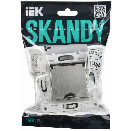 SKANDY Розетка 1-местная с заземлением с защитными шторками и крышкой 16А IP44 SK-R11N никель IEK