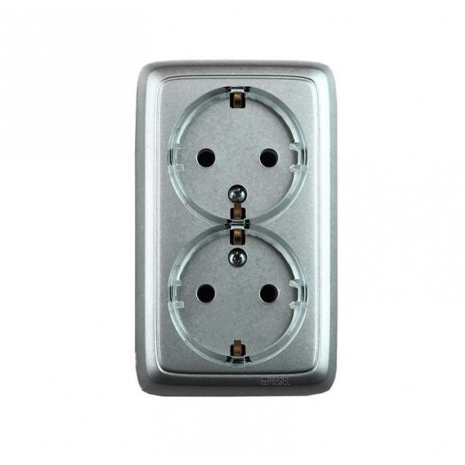 Розетка 2-м ОП Альфа 16А IP20 250В с заземл. с изолир. пластиной (стакан) серебр. HEGEL РА16-183-06