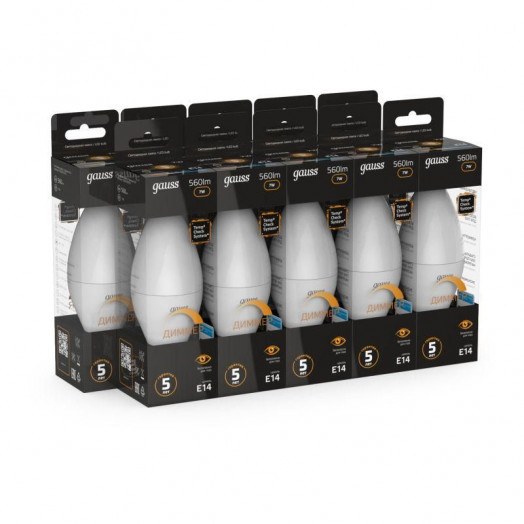 Лампа светодиодная Black 7Вт свеча 3000К тепл. бел. E14 560лм диммир. GAUSS 103101107-D