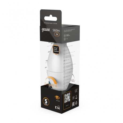 Лампа светодиодная Black 7Вт свеча 3000К тепл. бел. E14 560лм диммир. GAUSS 103101107-D