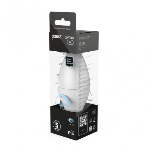 Лампа светодиодная Black 7Вт свеча 4100К нейтр. бел. E14 590лм диммир. GAUSS 103101207-D