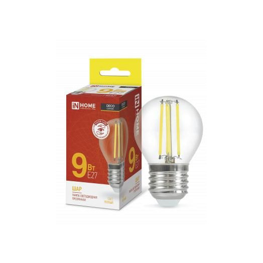 Лампа светодиодная LED-ШАР-deco 9Вт шар прозрачная 3000К тепл. бел. E27 1040лм 230В IN HOME 4690612026268