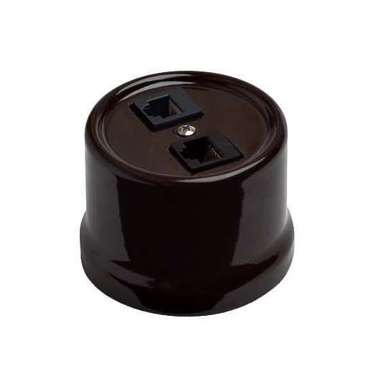 Розетка компьютерная 2-м ОП Лизетта RJ45 10А IP20 ретро кат.5E керамика корич. Bironi B1-302-02