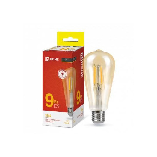 Лампа светодиодная LED-ST64-deco gold 9Вт цилиндр золотая 3000К тепл. бел. E27 1040лм 230В IN HOME 4690612035659