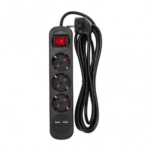 Удлинитель 3х3м с заземл. STANDARD 2хUSB 3х1кв.мм с выкл. черн. Rexant 13-4022
