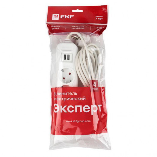 Удлинитель 4х3м 16А IP20 Эксперт 3.5кВт 2хUSB 2.1А ПВС 3х1 PROxima EKF UBA16-2USB-4-03i