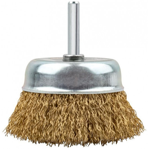 Корщетка-чашка со штифтом стальная латунированная волнистая проволока 75мм FIT 38517