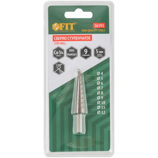 Сверло ступенчатое HSS Co5% (Р6М5К5) по металлу 9 ступеней 4-12мм FIT 36391