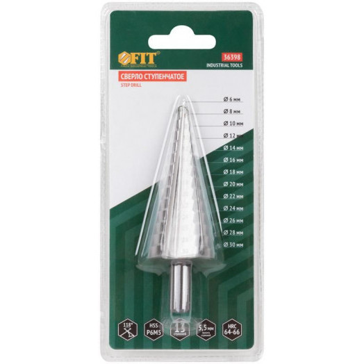 Сверло ступенчатое HSS (Р6М5) по металлу 13 ступеней 6-30мм FIT 36398