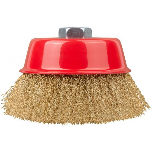 Корщетка-чашка гайка М14 стальная латунированная волнистая проволока 100мм FIT 39270