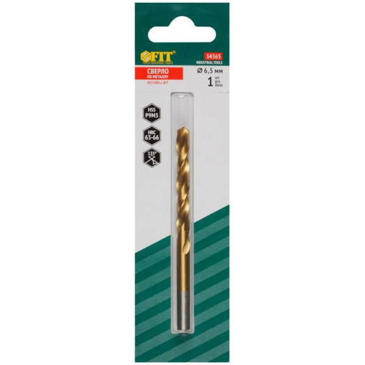 Сверло по металлу HSS 6.5мм титан. покрытие (блист.) FIT 34365
