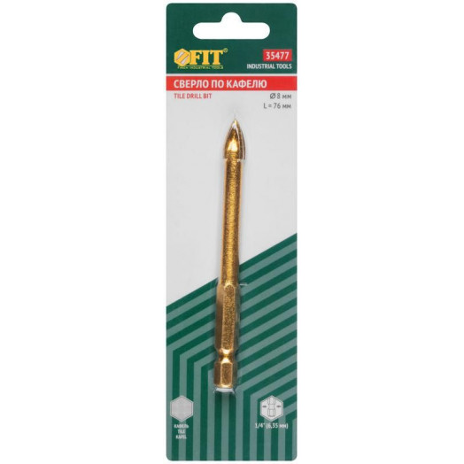 Сверло по кафелю 4 режущие кромки титан. покрытие U-хвостовик под биту 8х76мм FIT 35477