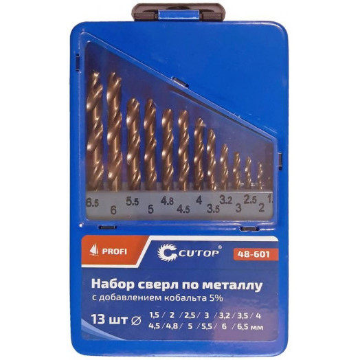 Набор сверл по металлу Profi 1.5-6.5мм (через 0.5мм + 32мм; 48мм) с кобальтом 5проц. в метал. коробке (13шт) Cutop 48-601