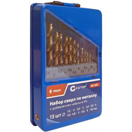 Набор сверл по металлу Profi 1.5-6.5мм (через 0.5мм + 32мм; 48мм) с кобальтом 5проц. в метал. коробке (13шт) Cutop 48-601