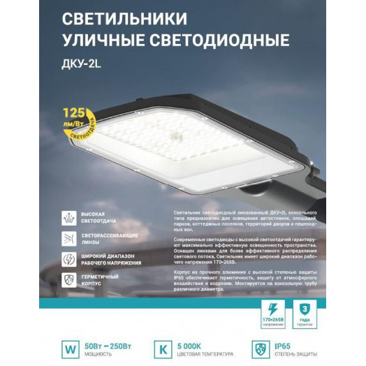 Светильник уличный линзованный светодиодный ДКУ-2L 70Вт 230В 5000К 8750лм 125лм/Вт 42-48мм IP65 NEOX 4690612057088
