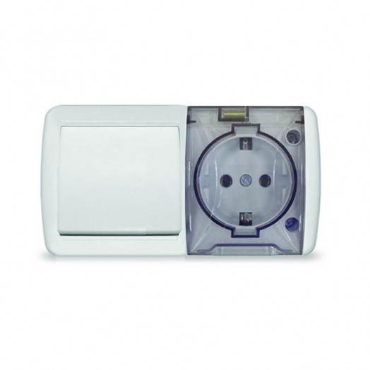 Блок ОП Клио 1-кл. выкл. 10А + розетка 1-м 16А 250В с заземл. с прозр. крышкой бел. Universal К2237