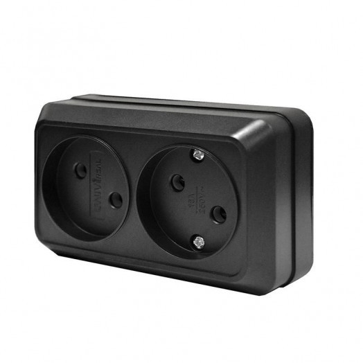 Розетка 2-м ОП Олимп 16А IP20 без заземл. черн. Universal 2215