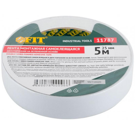 Лента клеящая 2-х сторонняя монтажная на вспененной основе 25ммх5м бел. FIT 11787