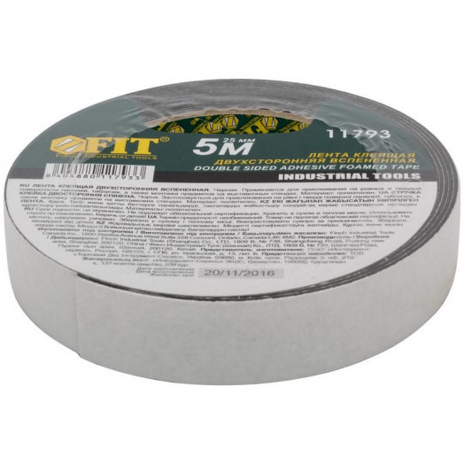 Лента клеящая 2-х сторонняя монтажная на вспененной основе 25ммх5м черн. FIT 11793