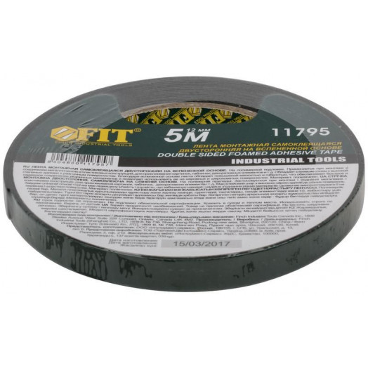 Лента клеящая 2-х сторонняя монтажная на вспененной основе с полимерной подложкой 12ммх5м FIT 11795