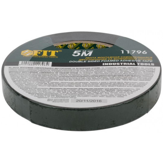 Лента клеящая 2-х сторонняя монтажная на вспененной основе с полимерной подложкой 18ммх5м FIT 11796