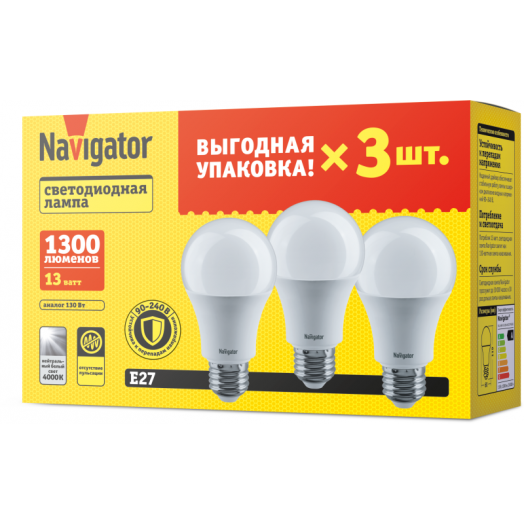 Лампа светодиодная 95 319 NLL-A60-13-230-4K-E27-PACK3 NAVIGATOR 95319