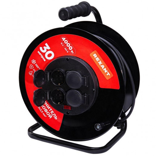 Удлинитель силовой КГ на катушке 4 гнезда с/з 30м 3х2.5кв.мм IP44 с выключателем c защитными крышками металлическая катушка Rexant 13-5014