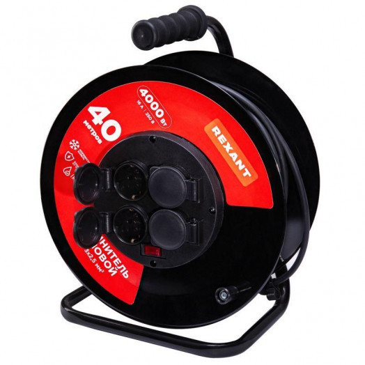 Удлинитель силовой КГ на катушке 4 гнезда с/з 40м 3х2.5кв.мм IP44 с выключателем c защитными крышками металлическая катушка Rexant 13-5015