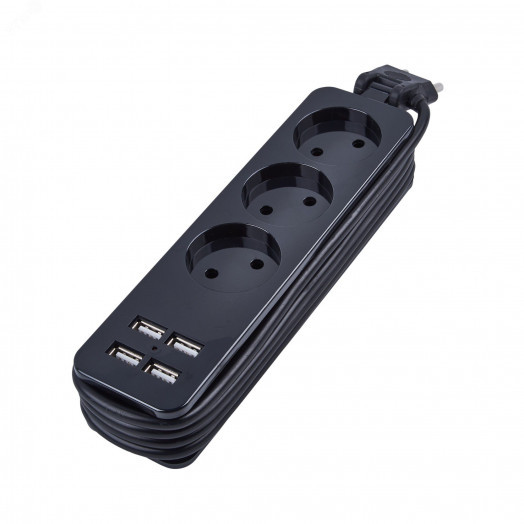 Удлинитель серии Travel шнур 1,8м 3 гнездa 10A без зазамления 4USB 3,1A  Черный ТМ UnielS-CT3-1,8U BLACK
