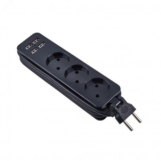 Удлинитель серии Travel шнур 1,8м 3 гнездa 10A без зазамления 4USB 3,1A  Черный ТМ UnielS-CT3-1,8U BLACK